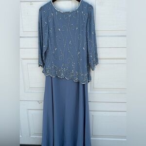 JKara Women's Asymmetrical Beaded Pop Over Gown  Blue Size 14W